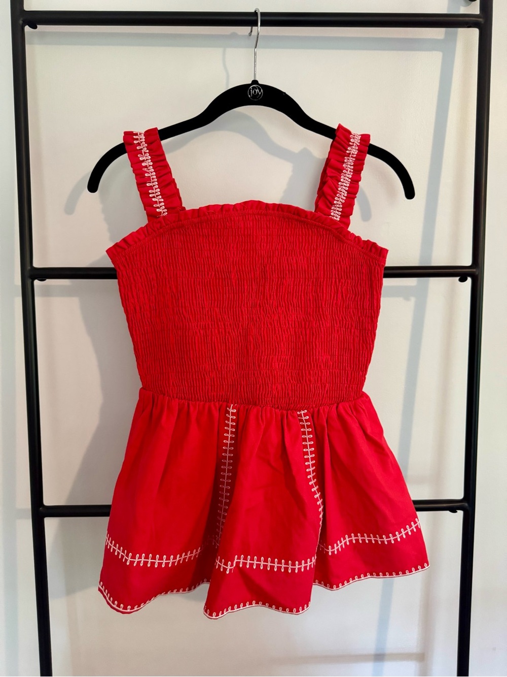 Strut and Bolt Red Smocked Peplum Tank Top with White Embroidery Detail, Large